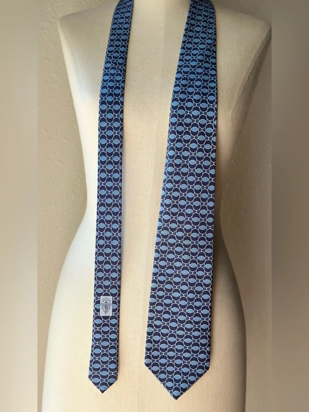 Gucci Mens Silk Tie Blue Geometric Circle Pattern Made In Italy Authentic